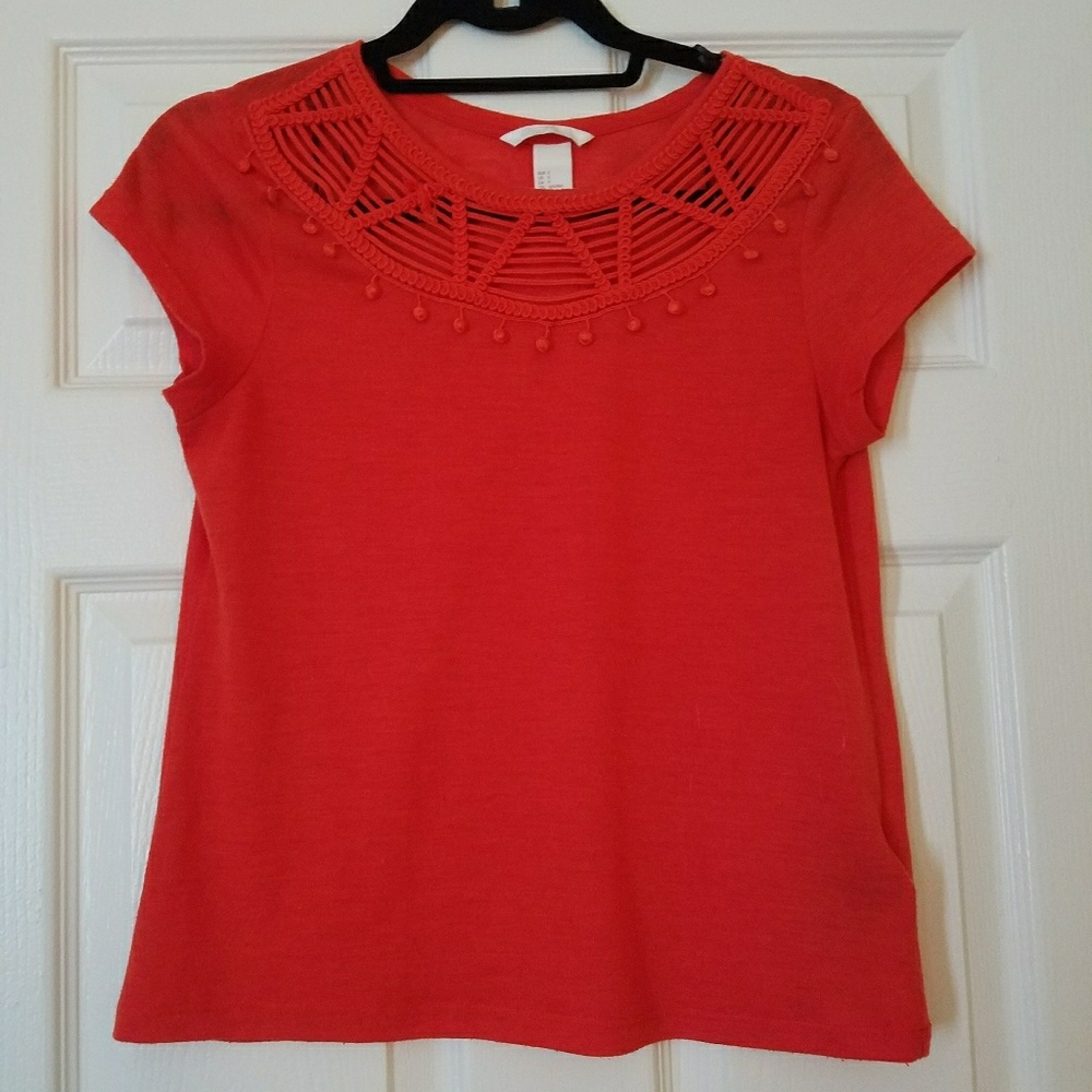 H&M Orange Embroidered Short-Sleeve Blouse Size S